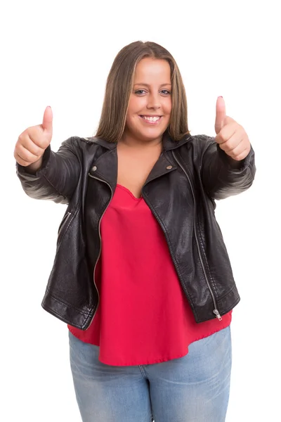 Lycklig kvinna gestikulerande tummen upp tecken — Stockfoto