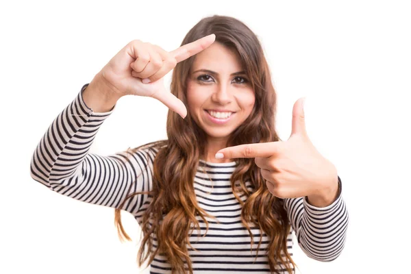 Frau macht rahmende Geste — Stockfoto