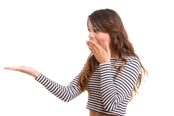 Frau präsentiert Ihr Produkt — Stockfoto