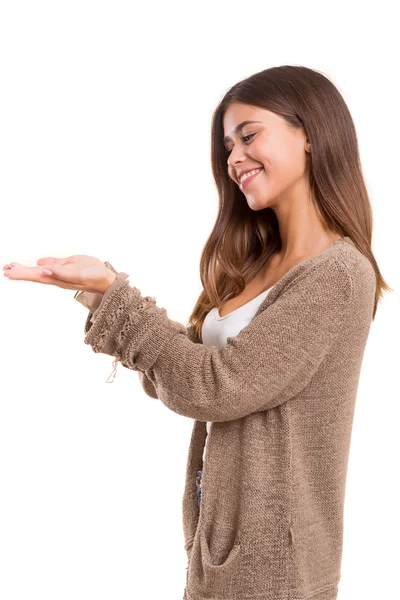 Young woman presenting your product — Stock Photo, Image