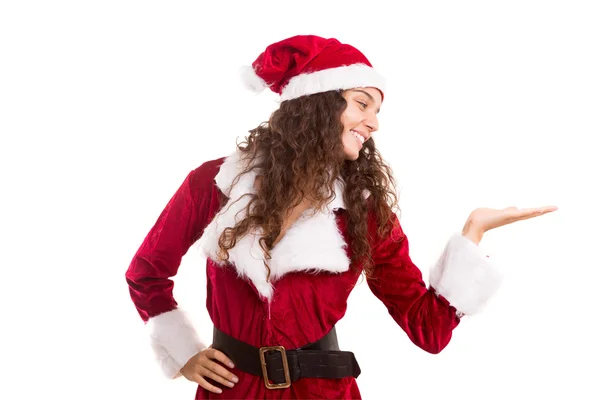 Donna in costume di Natale che presenta il prodotto — Foto Stock