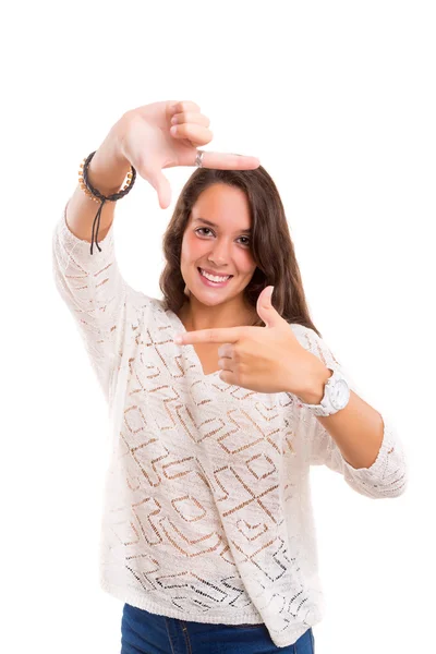 Mujer haciendo marco gesto clave —  Fotos de Stock