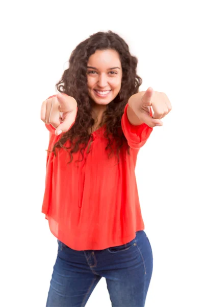 Mulher bonita apontando para você — Fotografia de Stock