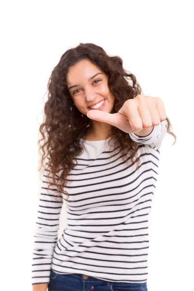 Vrouw gebaren duim omhoog teken — Stockfoto