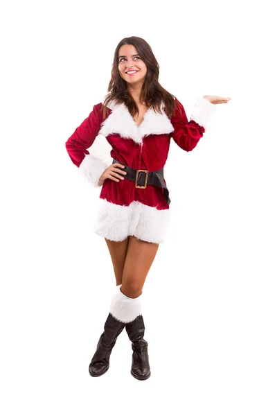 Femme en costume de Noël présentant le produit — Photo