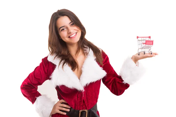 Mujer en traje de Navidad presentando producto — Foto de Stock