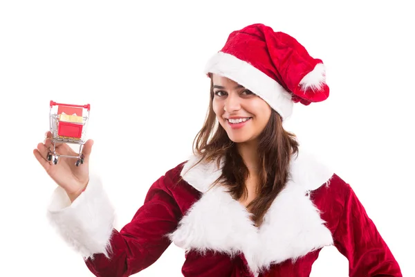 Mulher em traje de Natal apresentando produto — Fotografia de Stock