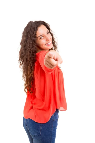 Mooie vrouw wijzend op u — Stockfoto