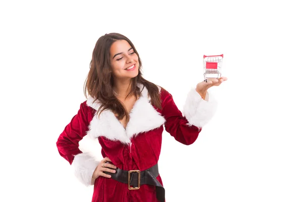 Woman in Christmas costume presenting product — Stock Photo, Image
