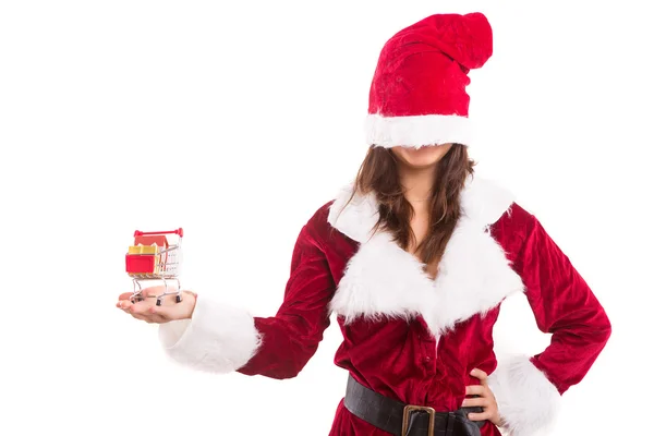 Frau im Weihnachtskostüm präsentiert Produkt — Stockfoto