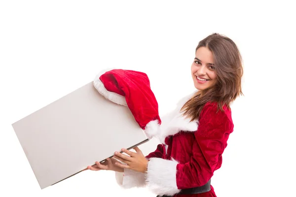 Mulher em traje de Natal com placa vazia — Fotografia de Stock