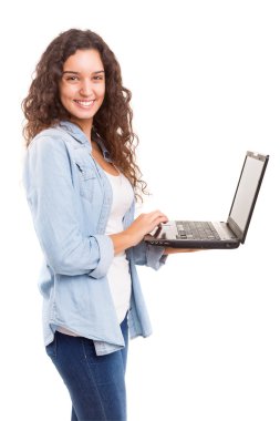 Genç öğrenci onu laptop ile çalışma