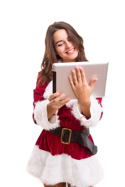 Nő a karácsonyi jelmez, digitális tabletta — Stock Fotó