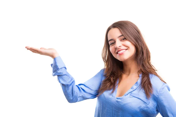 Woman presenting your product — Stock Photo, Image