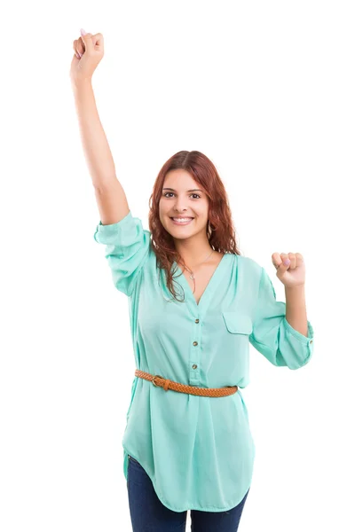 Щаслива жінка з піднятими руками — стокове фото
