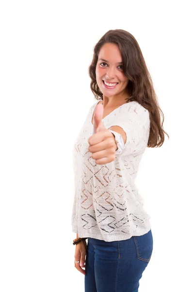 Woman gesturing thumb up sign — Stock Photo, Image