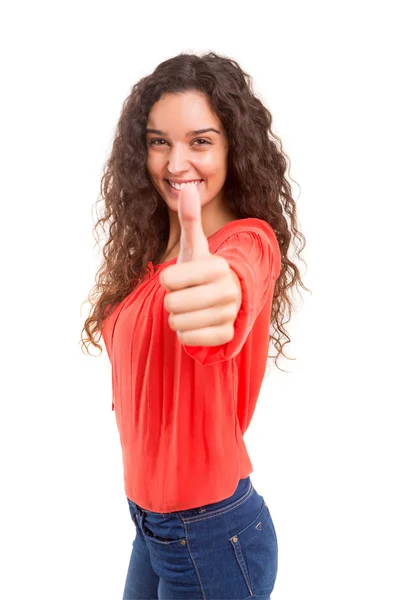 Vrouw gebaren duim omhoog teken — Stockfoto