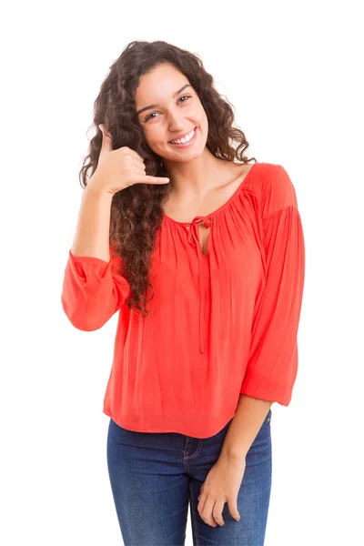 Student making "call me" sign — Stock Photo, Image