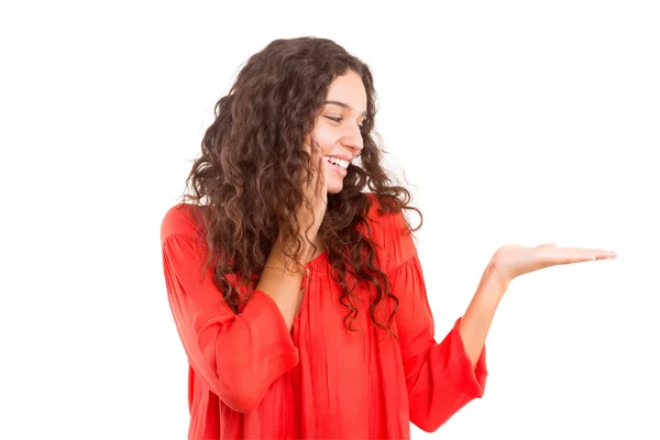 Woman presenting your product — Stock Photo, Image