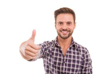 Yakışıklı adam başparmak kaydolun el hareketi