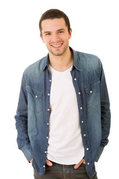 Retrato de hombre casual feliz joven, aislado en blanco — Foto de Stock