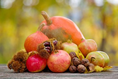 Sonbahar doğa kavramı. Sonbahar meyve ahşap bir masa üzerinde açık havada