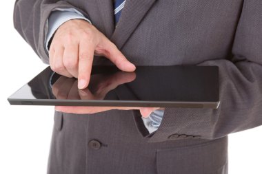 dokunmatik yüzey, yakından atış izole, tablet PC'de kullanarak iş adamı
