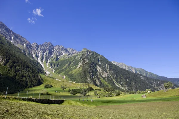 Strommasten überqueren die Schweizer Alpen. Berner Kanton, Schweiz — Stockfoto