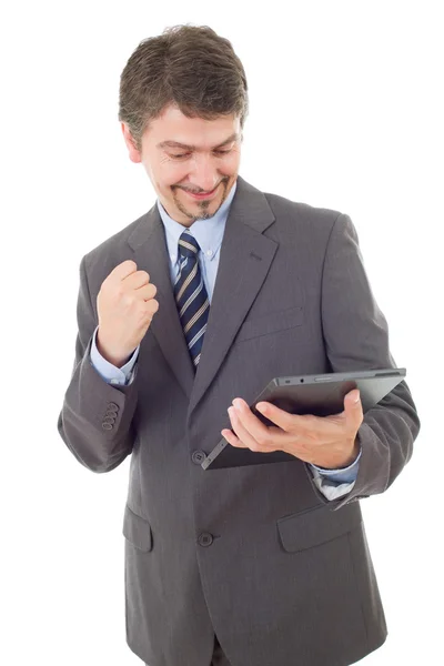 Hombre de negocios con almohadilla táctil de la tableta PC, aislado — Foto de Stock