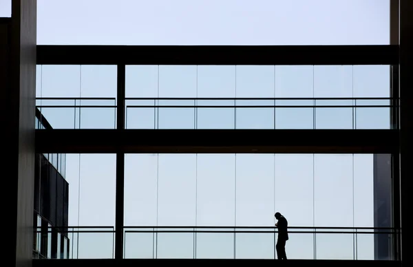 Vista silhueta de jovem empresária em um moderno edifício de escritórios interio — Fotografia de Stock