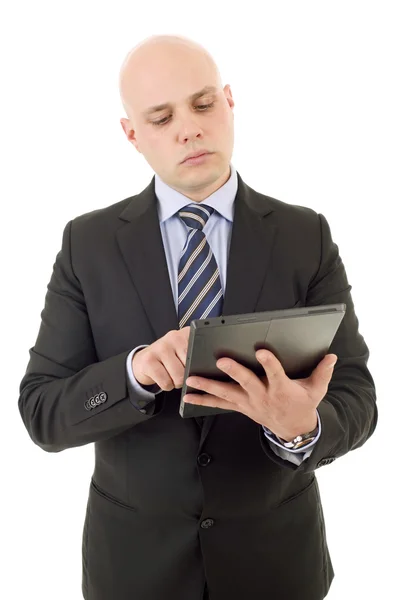 Uomo d'affari utilizzando touch pad di tablet pc, isolato — Foto Stock