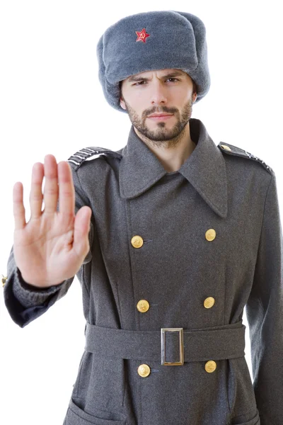 Young man dressed as russian military, studio picture — Stock Photo, Image