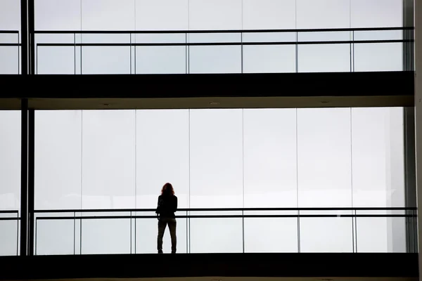 Modern ofis binası iç genç işkadını görünümünü siluet — Stok fotoğraf