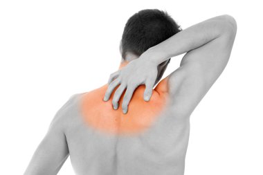 genç bir adamın sırt ağrı, üzerinde beyaz izole holding arka görünüm
