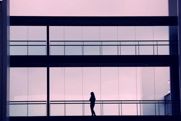 Silhouette view of young businesswoman in a modern office building interior — Stock Photo, Image