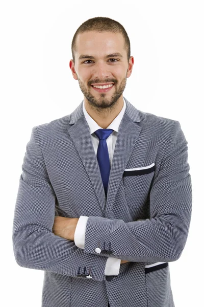 Jovem feliz empresário retrato isolado no branco — Fotografia de Stock