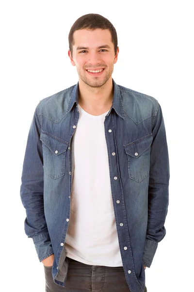 Jong gelukkig casual man portret, geïsoleerd op wit — Stockfoto