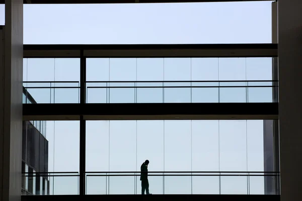 Vista de la silueta de la joven empresaria en un moderno edificio de oficinas interior —  Fotos de Stock