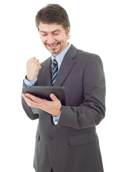 Zakenman met touchpad van tablet pc, geïsoleerd — Stockfoto