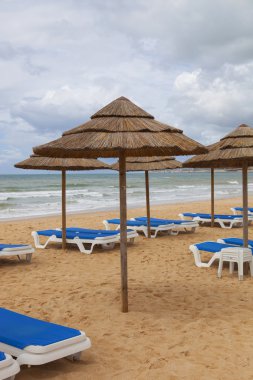 plaj şemsiyeleri sahilde Algarve, Portekiz