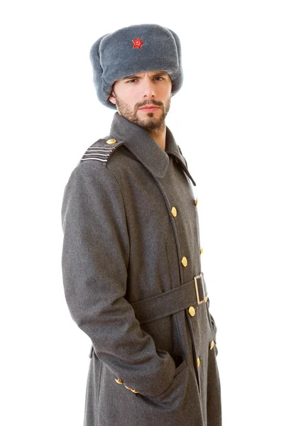 Young man dressed as russian military, studio picture — Stock Photo, Image