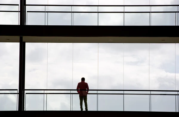 Vista silhueta de um jovem empresário num moderno edifício de escritórios interior — Fotografia de Stock