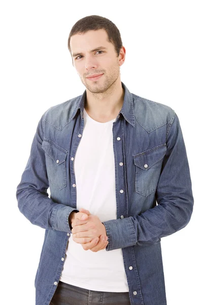 Retrato de hombre casual feliz joven, aislado en blanco —  Fotos de Stock