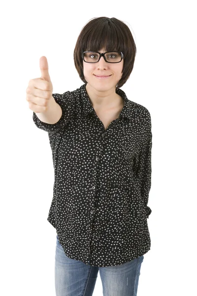 Young happy beautiful woman going thumb up, isolated in white — Stock Photo, Image