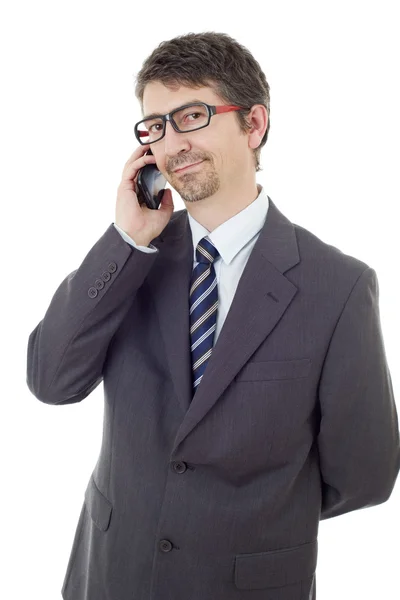 幸せなビジネスマンが電話で孤立していて — ストック写真