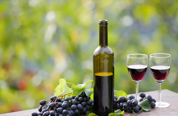 Garrafa de vinho e uvas na mesa de madeira ao ar livre — Fotografia de Stock