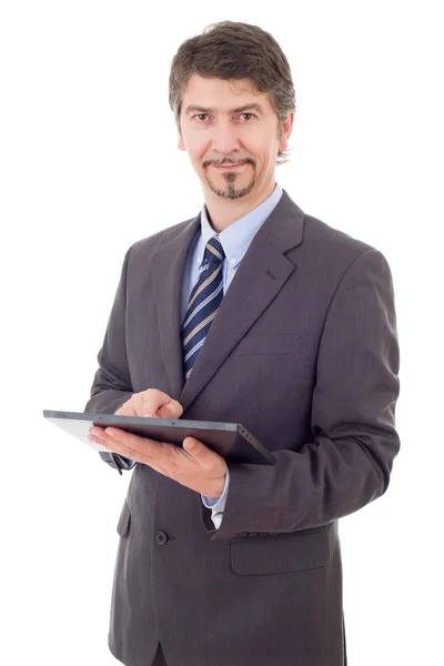 Jeune homme d'affaires avec une tablette pc, isolé — Photo