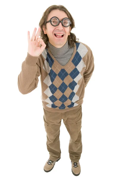 Geek silly man full length winning, isolated — Stock Photo, Image