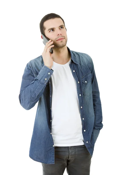 Jeune homme heureux occasionnel au téléphone, isolé — Photo