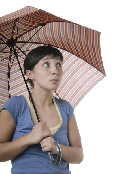 Uma menina bonita segurando um guarda-chuva, isolado em branco — Fotografia de Stock